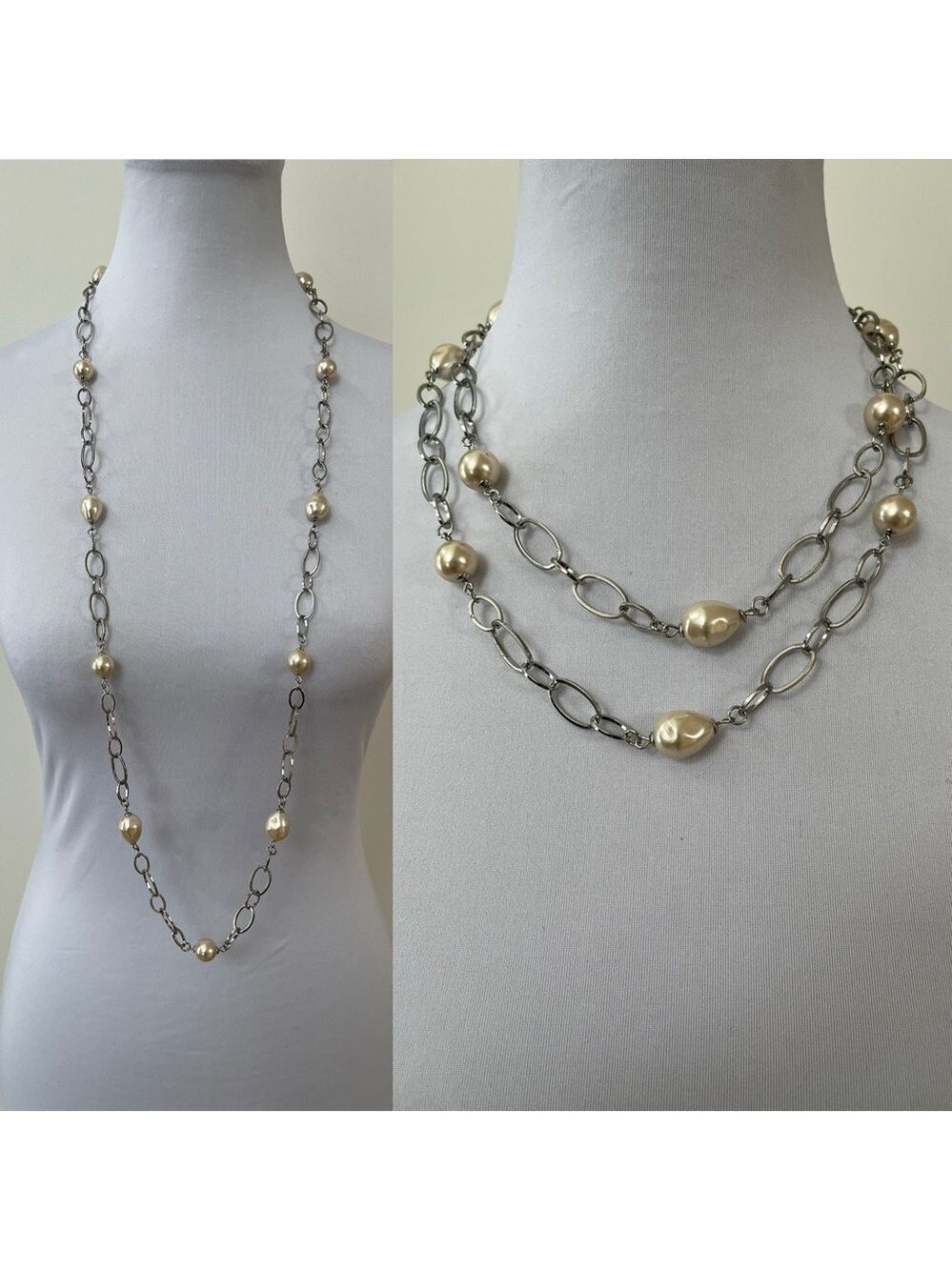 MEXX Faux Pearl Silver Tone Oval Link Long Necklace 40" Classic Timeless Chic